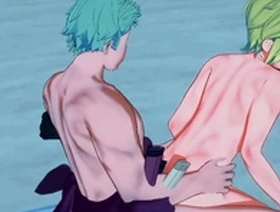 Sanji and Roronoa in a hot Yaoi scene in a beach environment in One Piece.